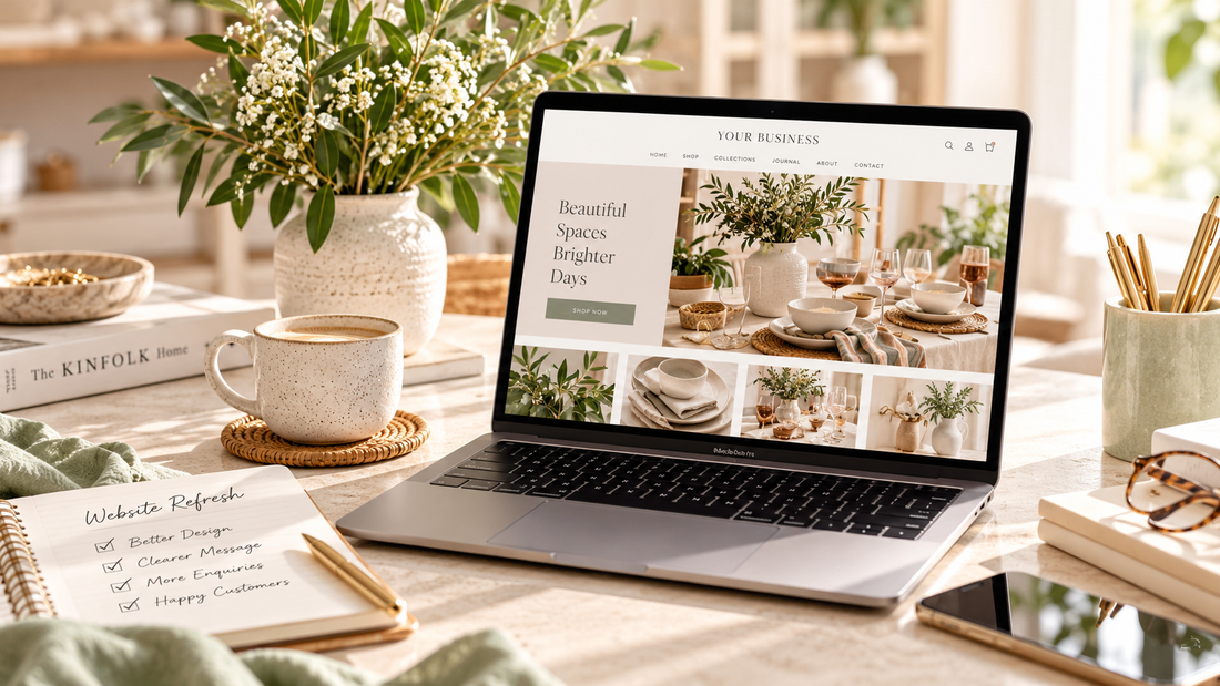 Laptop displaying a modern small business ecommerce website on a styled desk with a website refresh checklist, coffee and greenery.
