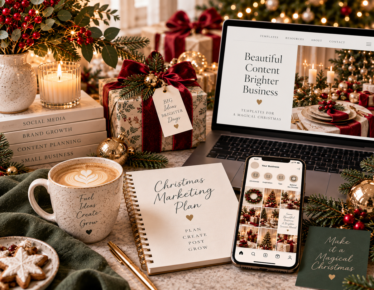 Editable Canva marketing templates for small businesses displayed in a creative workspace