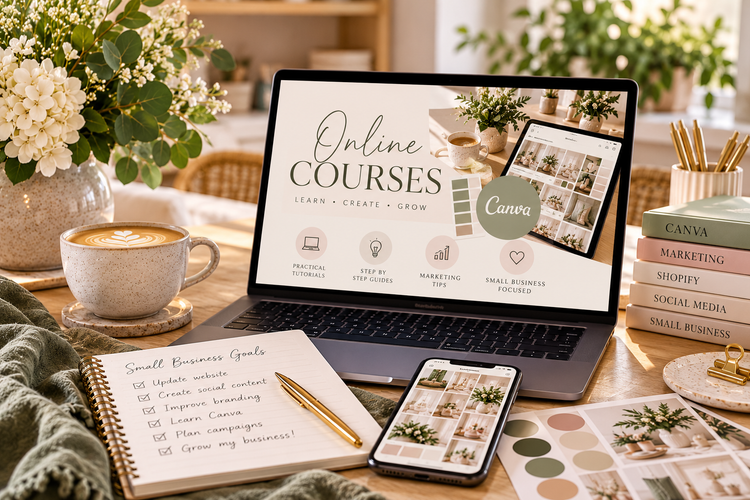 Online small business courses displayed on laptop with Canva and marketing learning materials