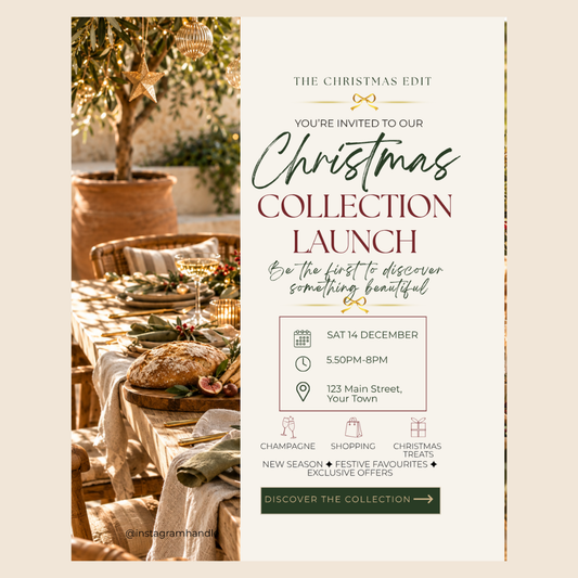 A vertical promotional flyer or invitation card for a 'Christmas Collection Launch'. The left side features a warm, festive photograph of a decorated Christmas table with bread, candles, and gold ornaments.