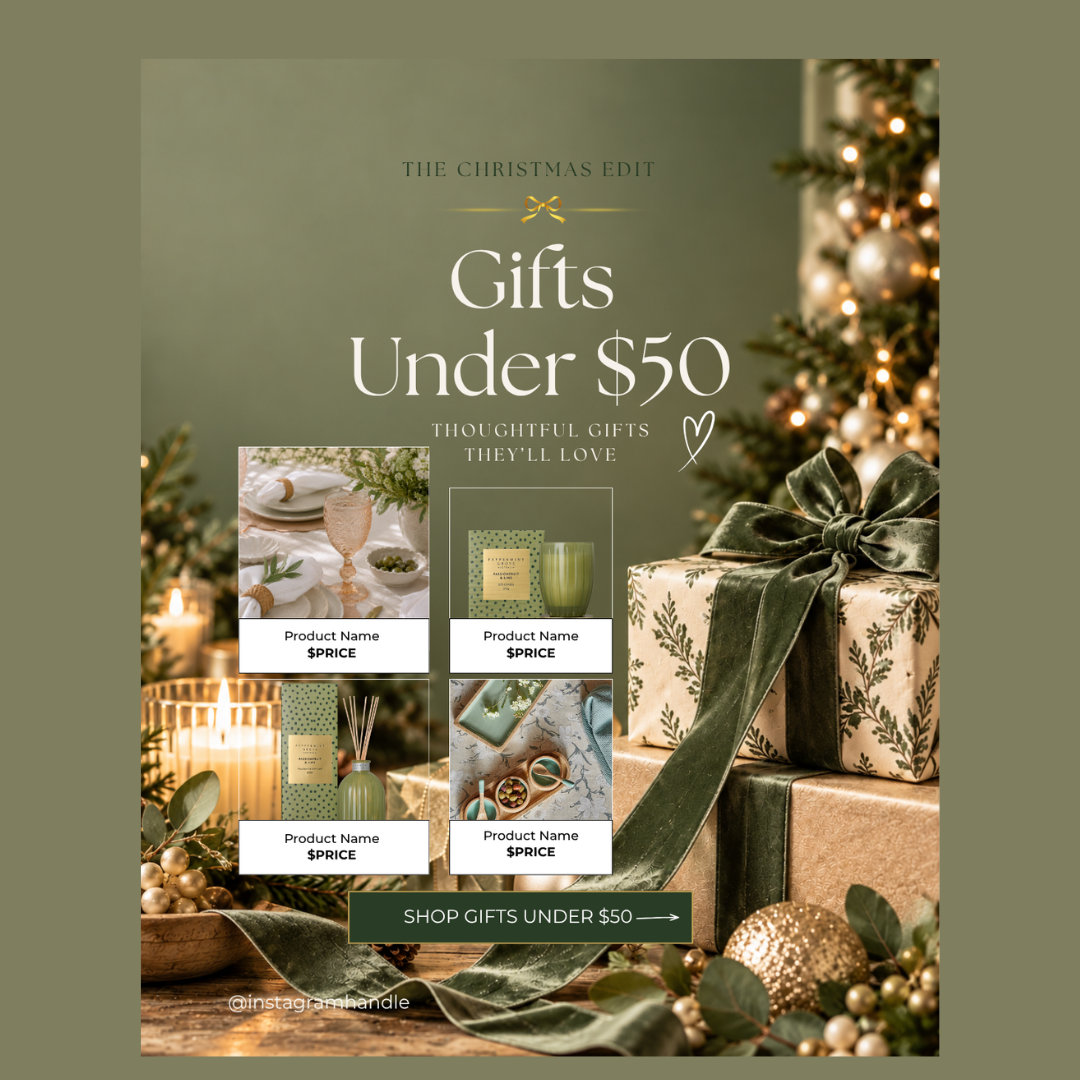 A festive Christmas promotional graphic with the headline 'Gifts Under $50' over a styled holiday scene with wrapped presents, candles, greenery, and warm string lights. Four small product thumbnails with placeholder text are shown in the center, along with a 'SHOP GIFTS UNDER $50' button.