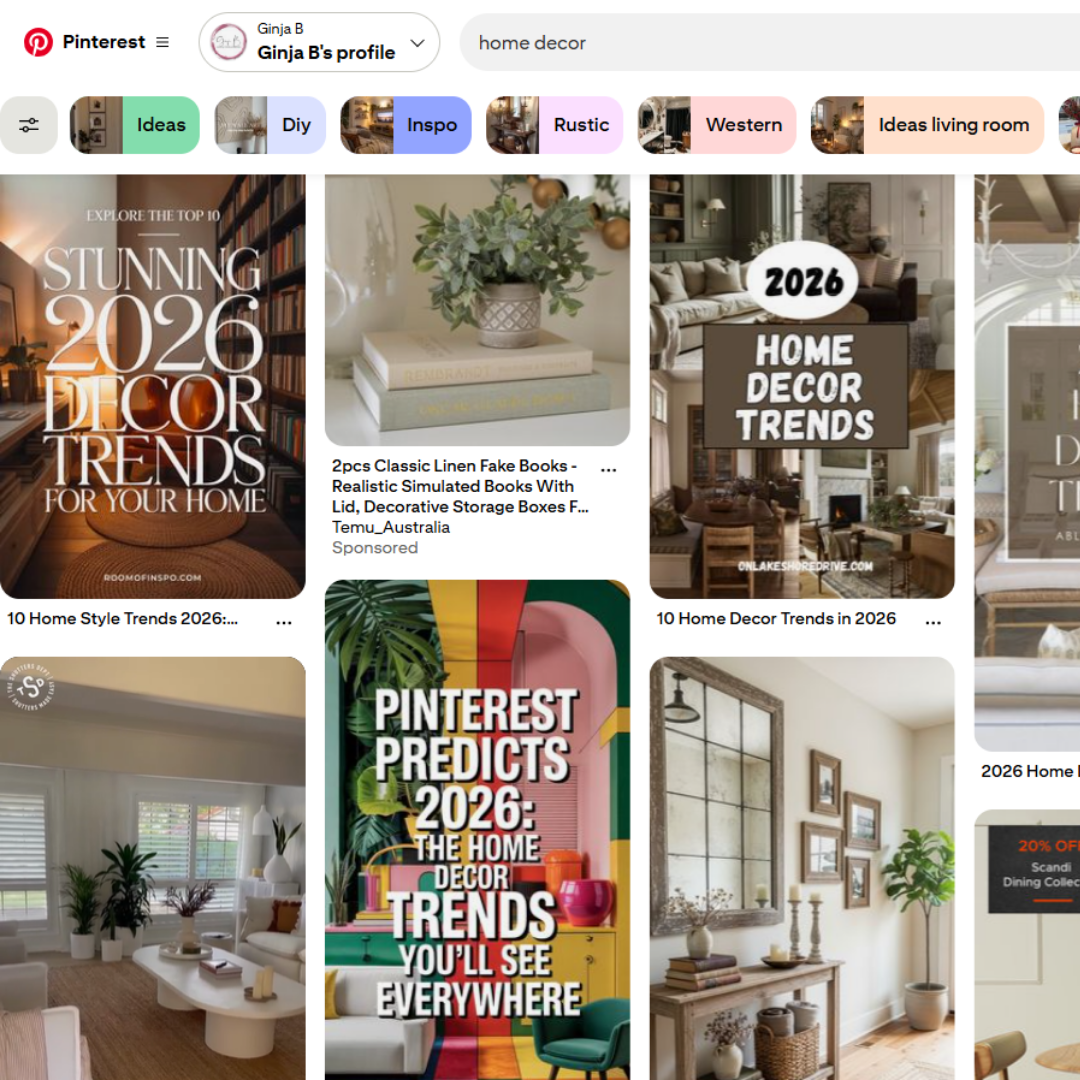 Pinterest board with home decor images and text about 2026 trends