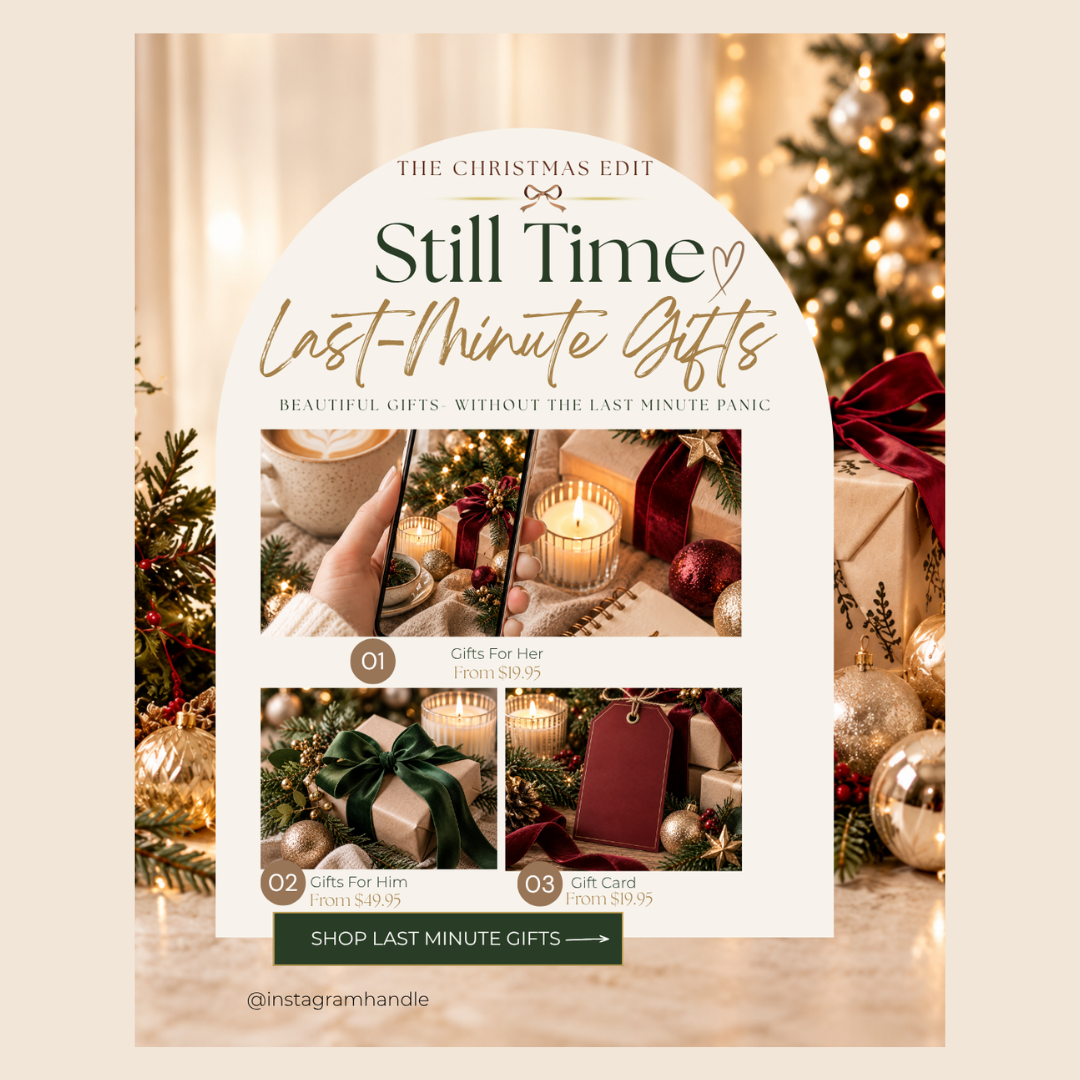 A festive Christmas-themed social media graphic with the text 'Still Time Last-Minute Gifts' and three gift suggestions, set over a warm holiday background with wrapped presents, ornaments, and candles.