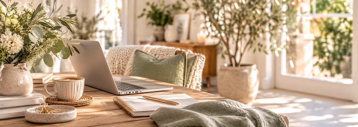 A cozy, sunlit home office scene with a wooden desk holding an open silver laptop, a white mug, a notebook, and a folded green blanket. A cream woven chair with a green pillow sits behind the desk, and the background features a bright window with potted plants and soft natural light.